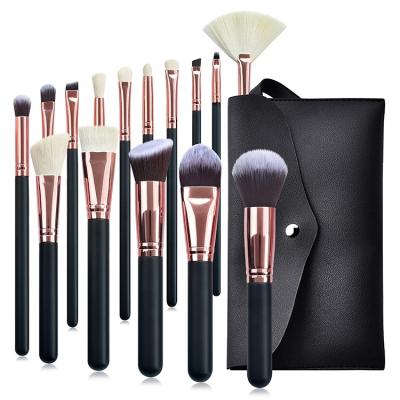 China Angular Blush Wholesale Premium High End Synthetic Black Vegan Wooden Gold Base 15pcs Luxury Face Makeup Set Brush With Bag for sale