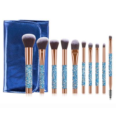 China Soft Bristle Professional Wholesale Makeup Brush High Quality Rose Blue Synthetic Logo Custom Vegan Diamond Luxury PU Bag 10 Brush Set for sale