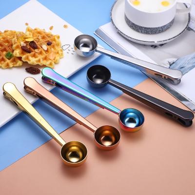 China Viable Multifunctional Stainless Steel With Clip Tea Cup Ground Coffee Food Milk Powder Food Sealing Scoop Measuring Spoon for sale