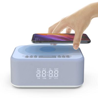 China Wireless Charger For Mobile Phone Amazon Hot Selling 10W Radio Charging Super Bass Portable Bluetooth Dual Alarm Clock Speaker for sale