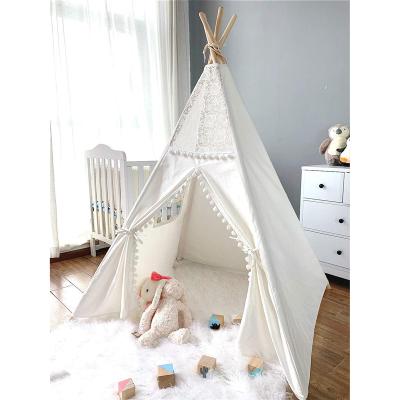 China Toy Safety Standards Kids Play Teepee Tent Lace and Pompom Ball Boho Tent Foldable Teepee Tents for Girl Boy for sale