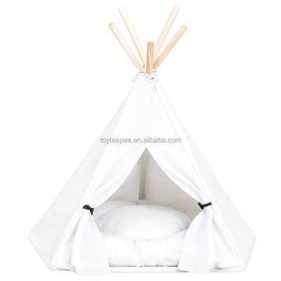 China 24 Inch Sustainable White Portable Dog Bed Pet Teepee Tents With Cushion And Pine Pole for sale