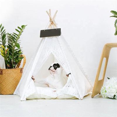 China Foldable and Washable House Pet Bed Lace Toy Safety Standards Cotton Canvas Dog Teepee Tent for Cat or Dog for sale