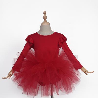 China Sweet Red Stock RTS Leotard Dance Costume Girl Knee Length Christmas Tutu Dance Dress For Girl for sale