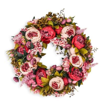 China Other Artificial Peony Vintage Flower Wreath Blooming Silk Peonies Spring Summer Autumn Winter Garlands Large Flower Green Leaves for sale