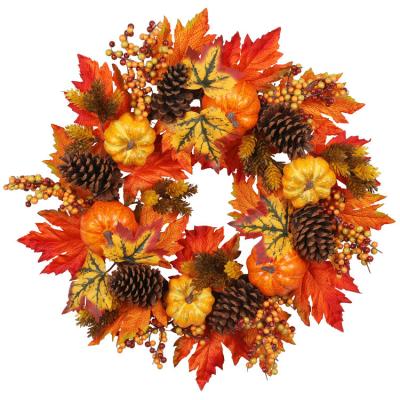 China Wholesale 25 High Quality Artificial Foliage Plant Advance Autumn Pumpkin Wreath Pine Wreath Artificial For Front Door Home Decor for sale