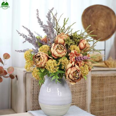 China Orange Silk Flower Arrangement Centerpiece Peonies Artificial Silk Flower Bouquet Wedding Decor Bulk QH230-0002B for sale