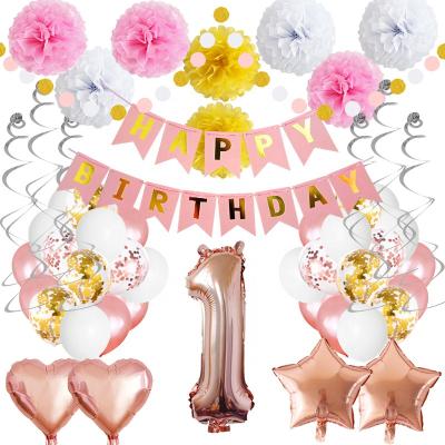 China Number One Digital Foil Balloon Happy Birthday Paper Banner Pompom Banner 1st Baby 1st Birthday Decorations For Decoration S010 for sale