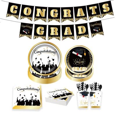 China 2022 Newest Design 16 Design Guest Party Decoration Disposable Gold Black Graduation Party Tableware Eco-Friendly Party Decoration for sale