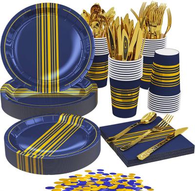 China Royal Blue Paper Birthday Wedding Party Decoration Personalization Gold Party Supplies Sets 10 Guests Disposable Navy Blue Dish Birthday Baby Shower Set for sale