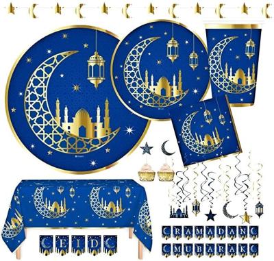 China Eid Party Tableware Set Ramadan Decorations Gold Foil Eid Mubarak Disposable Party Decoration Set Festival Decoration Mark Hanging Swirls for sale