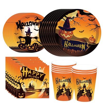 China Disposable Eco-friendly Halloween Party Supplies Disposable Tableware Paper Plate Paper Cup Napkins Party Tableware Set for Halloween Theme Party for sale