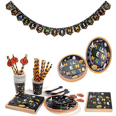 China Halloween Party Decoration Disposable Eco-Friendly Tableware Set Paper Soup Plates Napkins Straw Banner Cutlery For Halloween Party Supplies for sale