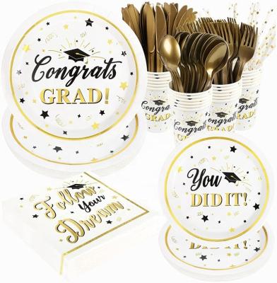 China 2022 Disposable Eco-friendly Graduation Dishes And Napkins Set Party Supplies Decorations 192 Pcs Congratulations Graduate Paper Disposable Tableware for sale