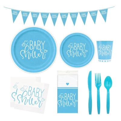 China Disposable Eco-Friendly New Fashion Party Decoration Baby Shower Blue Boy Top Gender Revealed Party Set for sale