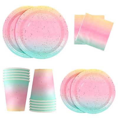 China Disposable Eco-friendly Rainbow Birthday Party Supplies Pastel Paper Plates Paper Cups Rainbow Pastel Party Pack for sale