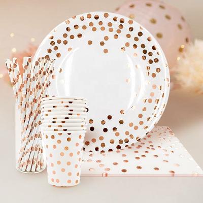 China Wholesale Rose Gold Foil Dot Dinnerware Eco-Friendly Disposable Biodegradable Party Custom Printed Luxury Paper Dinnerware Set of Dishes for sale