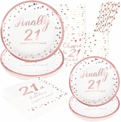 China 21st Birthday Rose Gold Party Supplies Disposable Eco-Friendly Tableware for 24 Guests Include Paper Plates Cups Napkins and Straws for sale