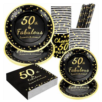 China Gold Dot Theme Paper Cup Dinnerware Eco-Friendly Disposable Black Grad Party Supplies Fabulous 50th Birthday Party Tableware Set for sale