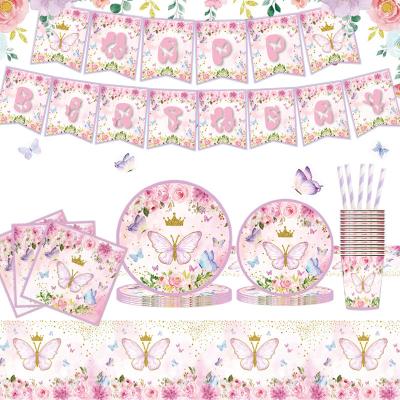 China Birthday party/butterfly theme birthday party/holiday/festival/event decoration set pink party tableware paper plates cups napkins supplies set for sale