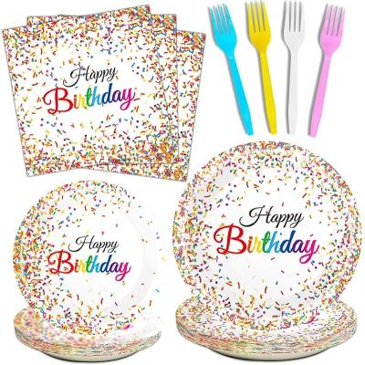 China Disposable Eco-Friendly Confetti Sprinkles Birthday Tableware Set For Happy Birthday Table Decorations Supplies Sprinkles Party Donut Dishes for sale