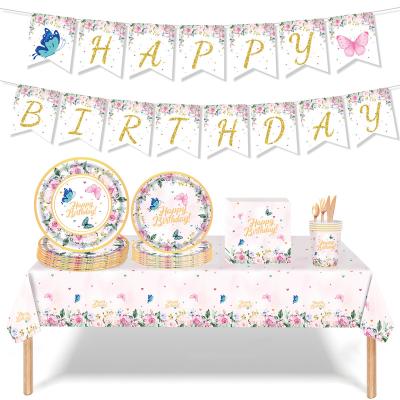 China All Party/New Birthday/Holiday/Festival Butterfly Theme Party Set Paper Cup Tray Knife Fork Spoon Tablecloth Banner Birthday Decoration Paper Set for sale