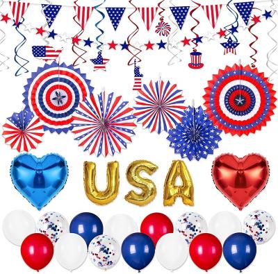 China Memorial Day Disposable Eco-Friendly Decorations Patriotic Party Decor Includes Red White Blue Pre-Stringed Banners Hanging Fans Item Swirls USA Balloons for sale