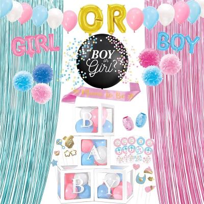 China Disposable Eco-Friendly Gender Reveal Decorations Baby Gender Reveal Party Supplies Includes Boxes Baby Boy Or Girl Balloons Foil Curtains Stickers for sale