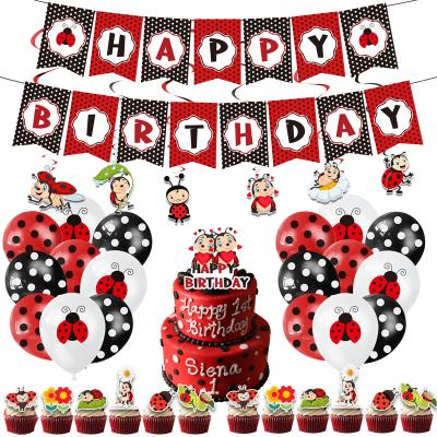 China Disposable Eco-Friendly Themed Ladybug Birthday Party Decoration Set Disposable Cake Toppers Balloon Banner Party Decorating Supplies for sale