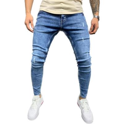 China Sustainable stree tstyle  fashion stretch leggings men's jeans blue denim ripped jeans patched jeans for men for sale