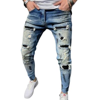 China Breathable street style  Pencil pants used denim  fashion slim fit ripped jeans  patched jeans for men for sale