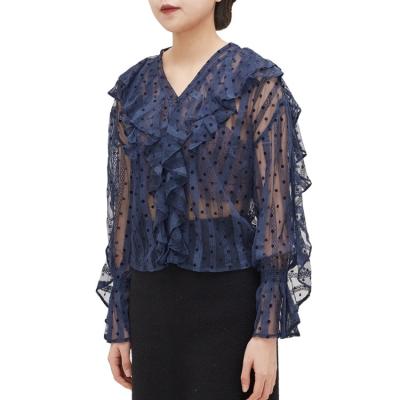 China Anti-pilling Seduno 2021 New Long Sleeve Fashion Ruffles Lace Up Office Casual Blouse For Office Lady Lace T-shirt for sale