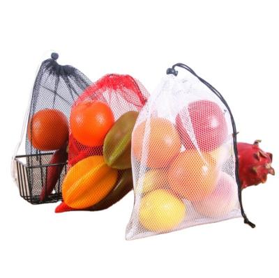 China 50D Polyester Storage Fruit Vegetable PET Drawstring Recycled Drawstring Mesh Folding Shopping Bag for sale