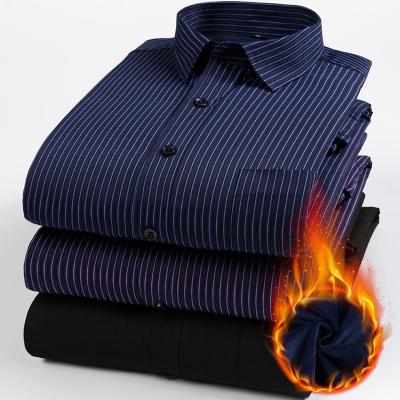 China Anti-pilling Middle-aged Plus Velvet Padded Thermal Shirt Striped Flannel Mens Casual Shirts for sale