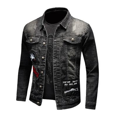 China Wholesale Reversible Men's Reversible Patch Design Vintage Black Embroidery Denim Jacket Patchwork Sleeve Lattice Coat Tracksuit Denim Jacket Long for sale