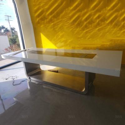 China Modern Contemporary Meeting Desk With Outlets High Quality Hotel Acrylic Artificial Stone 8 Foot White Meeting Desk With Pop Up Boxes for sale