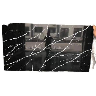 China Modern Artificial Black Marble Color Slab Stone Quartz Marquina Calacatta Black Quartz Stone With White Vein for sale