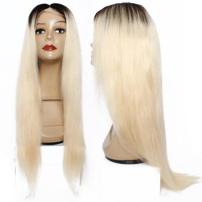 China Blonde Silky Straight Wave Lace Front Wig With Dark Rood Best Quality Hair Cuticle Aligned Hair Wigs In Color #1B/613 for sale