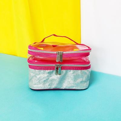 China Fashion Double Separation Makeup Bag Pink Wet And Dry PVC Transparent Zipper Bag Portable Toiletry Cosmetic Bag for sale