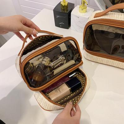 China White Fashion Double Zipper Fashion Women's White Simple Travel Beauty Bag Transparent Straw Handbag Portable Cosmetic Bag for sale