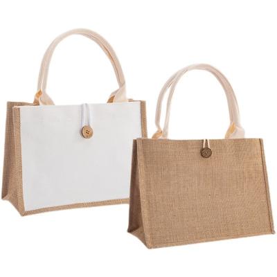 China Jute Button Folding Tote Bag Plus Cotton Fashion Shopping Bag Portable Burlap Compound Bag for sale