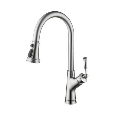 China New Modern Single Handle Arc Brushed Nickel High Pull Out Kitchen Faucet , Brass Material Kitchen Sink Faucets With Pull Down Sprayer for sale