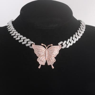 China Hip Hop Diamond Icy Pink Butterfly Cuban Link Silver Choker Jewelry Hip Hop Gold Necklace Women Dangle for sale