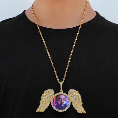 China Custom Bling Zircon Hot Sale Hiphop Photo Angle Wings Memory Photo Pendant Necklace Jewelry for sale