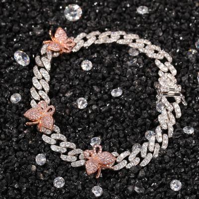 China CLASSIC 8mm Small Pink Gold Silver Butterfly Diamond 9.5inch Cuban Link Chains Anklet For Girls for sale