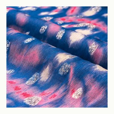 China Organic hand feel 94%silk 6%leather 201144 comfortable silk lurex leather silver floral metallic fabric for sale