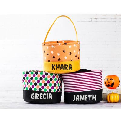 China Striped Plaid Candy Bucket Eco-Friendly Monogram Halloween Trick Or Treat Basket For Kids Gift Halloween Decoration for sale