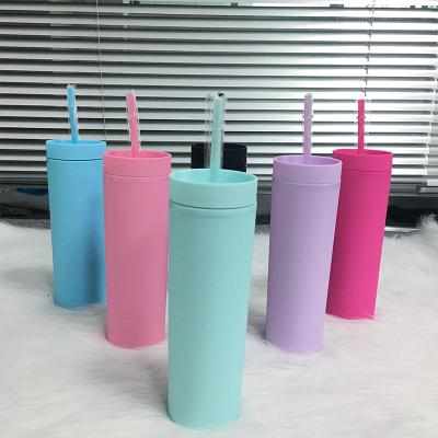 China Disposable Acrylic Skinny Tumbler 16oz Matte Colored Tumblers With Double Lids Straws Wall Plastic Coffee Cup Gifts For Friend for sale