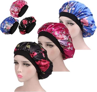 China Picture High Stretch Sleep Cap Wide Overflow Women Protect Hair Hat Satin Night Sleep Hair Cap Soft Satin Hoods H859 for sale