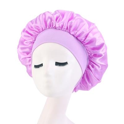 China New Eco-friendly wide brim headband hoods night women elastic high hair wraps accessories silk satin hood with custom logo K1417 for sale